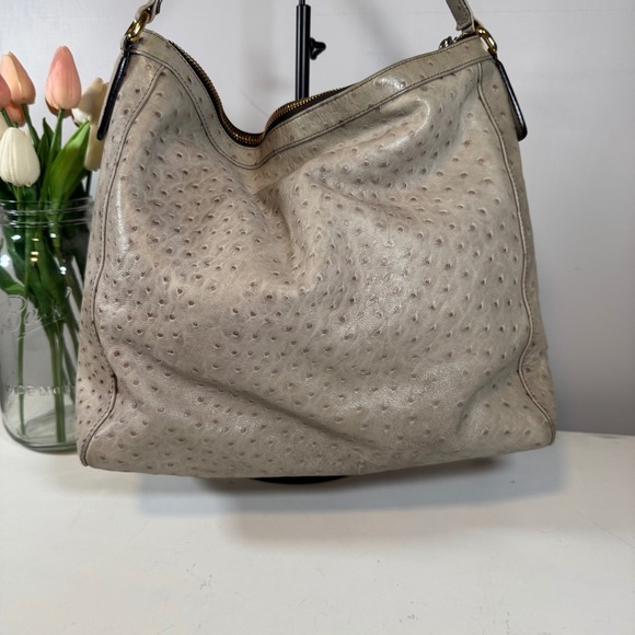 Furla Ostrich Embossed Leather Hobo Shoulder Bag Taupe Gold Zip - Picture 2 of 11